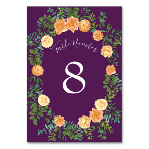 Peach & Plum Purple Peony & Rose Floral Wedding Table Number