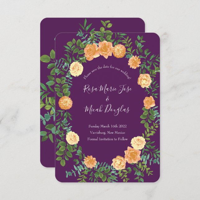 Peach Plum Purple Peony Rose Wedding Save Date Invitation (Front/Back)