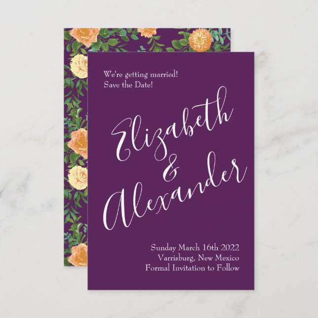 Peach Plum Purple Peony Rose Wedding Save Date Invitation (Front/Back)