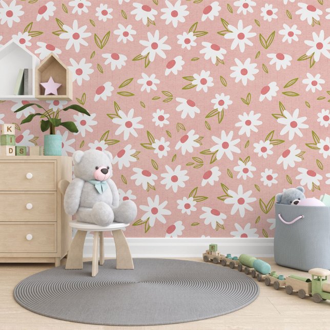 Peach Plush Pink Green White Flowers Art Pattern Wallpaper (Creator Uploaded)