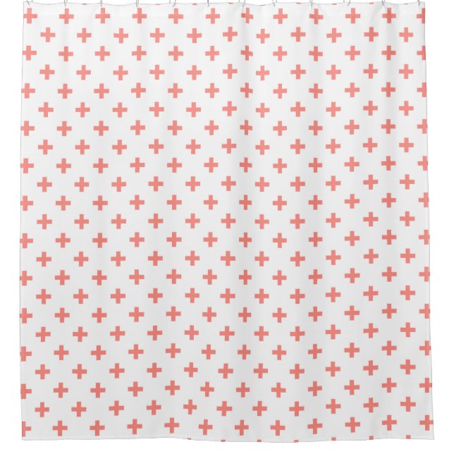 Peach polka crosses on white shower curtain (Front)