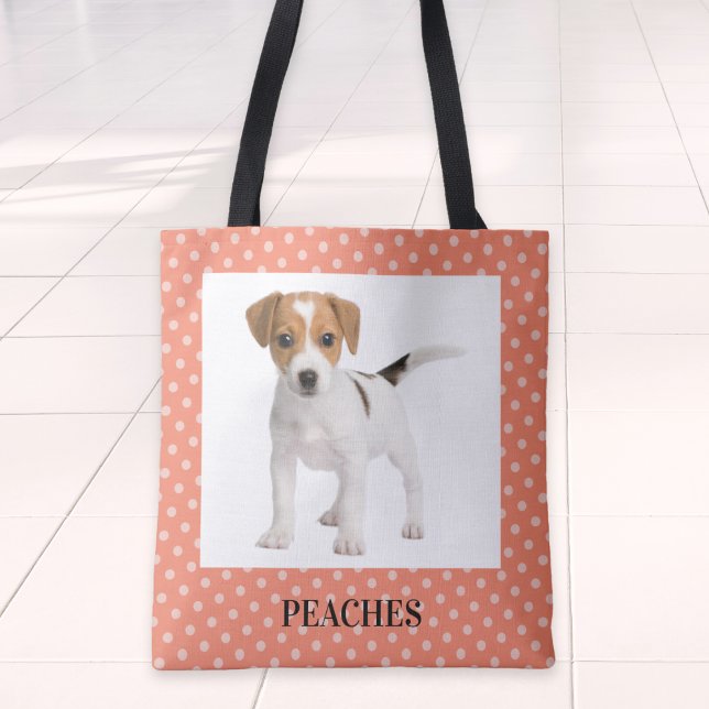 Peach Polka Dot Pattern Dog Photo Tote Bag (A peach polka dot tote bag for you to personalize with your dog's photo and name)