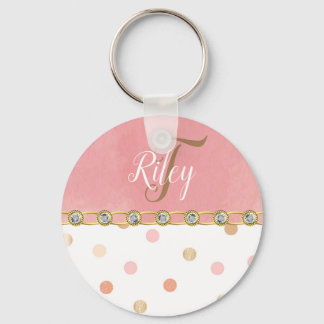 Peach Polka Dot Rhinestone Glitzy Pretty Fun Key Ring