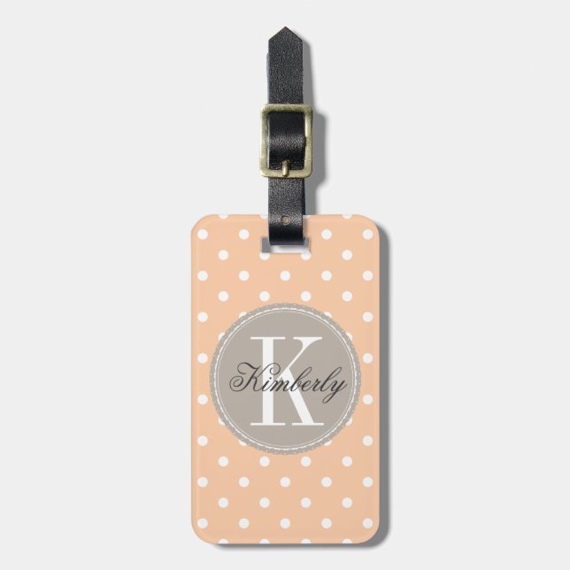 Peach Polka Dot with Taupe Monogram Luggage Tag (Front Vertical)
