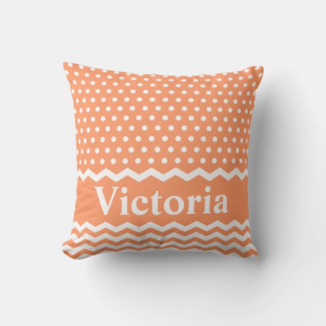 Peach Polka Dots and Chevrons Cushion (Front)