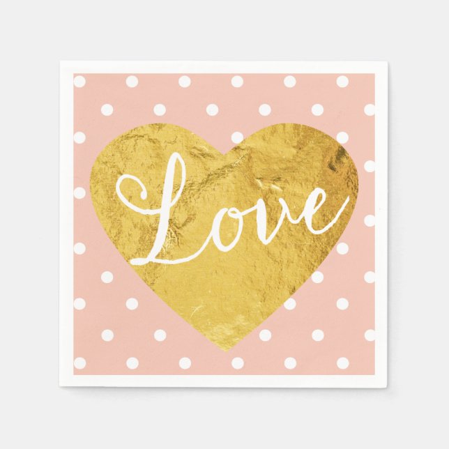 Peach Polka Dots Fake Gold Love Heart Cute Girly Napkin (Front)