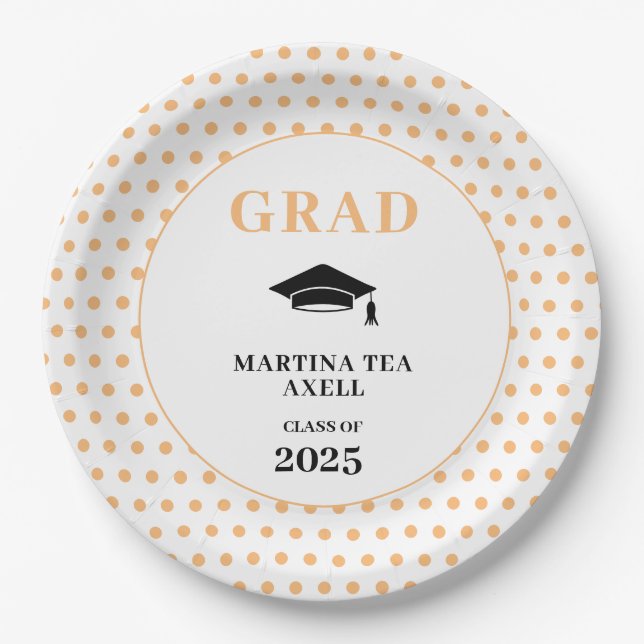 Peach Polka Dots Graduation  Paper Plate (Front)