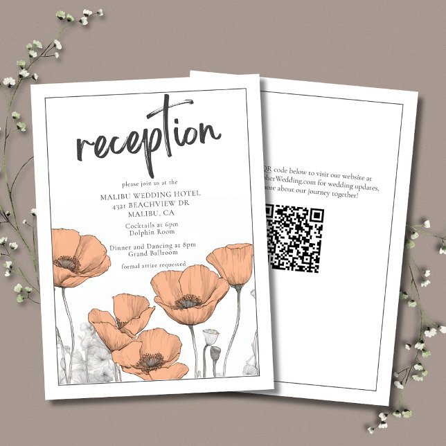 Peach Poppies Elegant Floral Wedding Reception Enclosure Card (Peach Poppies Wedding Reception Enclosure Card with QR Code for Wedding Website.)
