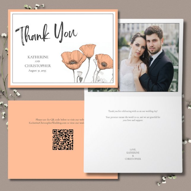 Peach Poppies Floral Elegant Wedding Photo Thank You Card (Peach Poppies Floral Wedding Photo Thank You Card with QR Code for wedding photos.)