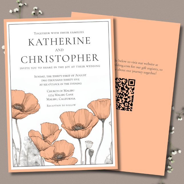 Peach Poppies Modern Elegant Formal Floral Wedding Invitation (Peach Poppies Formal Elegant Floral Wedding Invitations with California Poppies and website QR Code.)