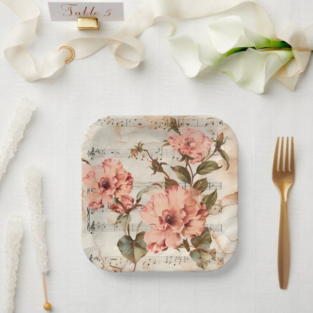 Peach Poppies Music Sheet  Paper Plate (Wedding)