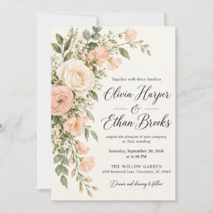 Peach Poppy Ivory Rose Wedding Invitation