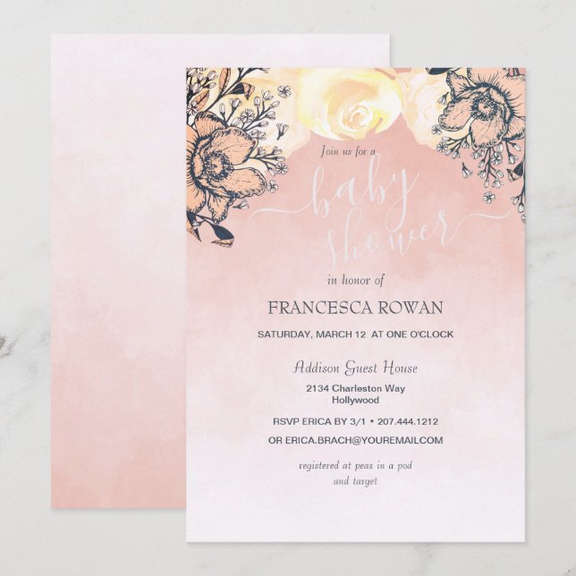 Peach Poppy + Roses Baby Shower Invitation (Front/Back)