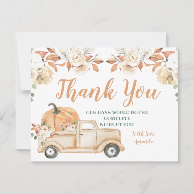 Peach Pumpkin Rustic Truck Greenery Baby Shower Thank You Card (Front)