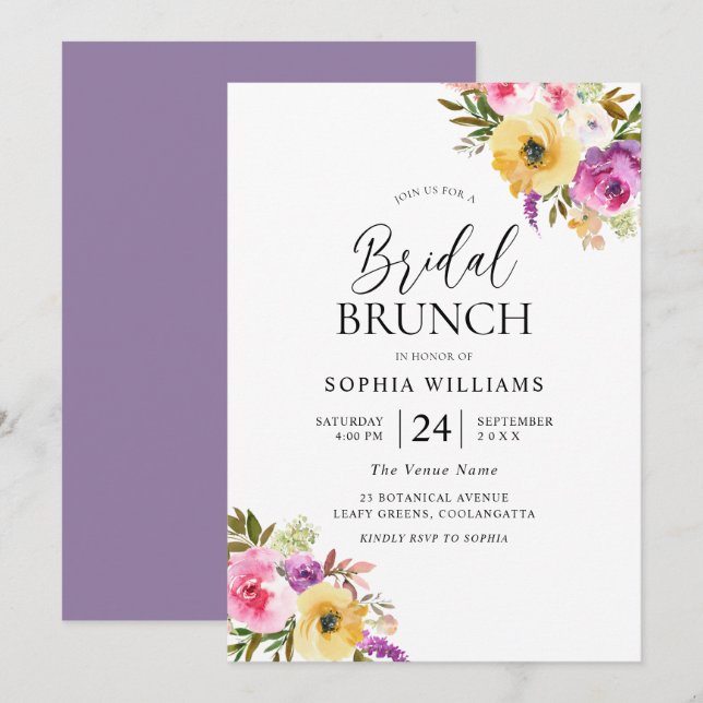 Peach Purple Blush Floral Bridal Shower Brunch Invitation (Front/Back)