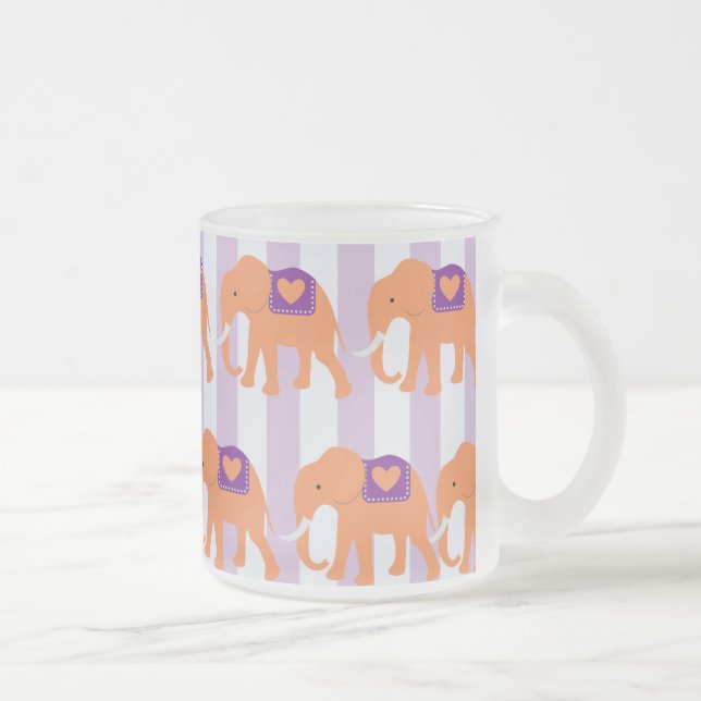 Peach Purple Elephants Hearts on Purple Stripes Frosted Glass Coffee Mug (Right)