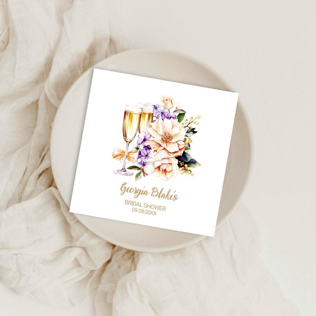 Peach Purple Floral Champagne Glass Bridal Shower Napkin (Creator Uploaded)