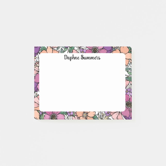 Peach & Purple Floral Pattern Name In Script Post-it Notes (Front)