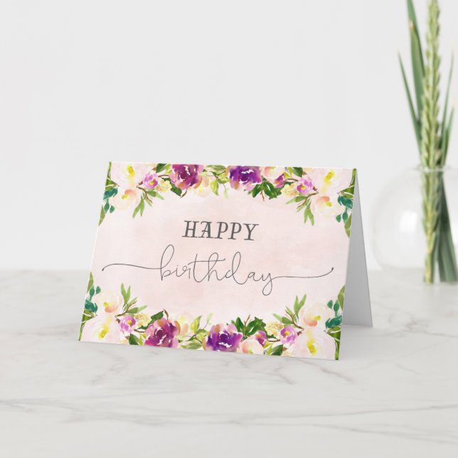 Peach Purple Floral Watercolor Happy Birthday Card (Front)