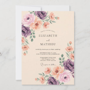 Peach Purple Floral Wedding Invitation