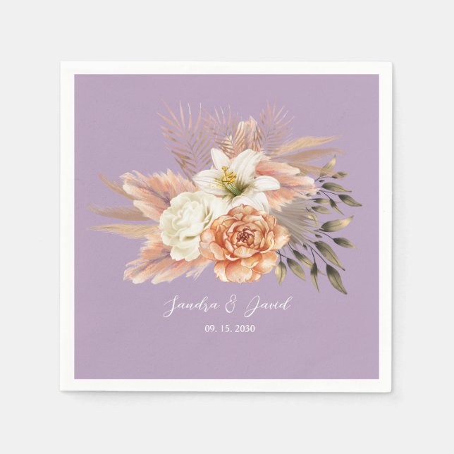 Peach Purple Floral Wedding Napkin (Front)