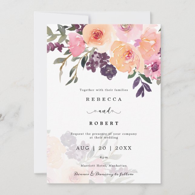 Peach purple florals modern wedding invitation (Front)