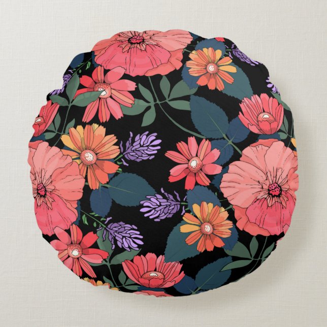 Peach & Purple Flower Print Round Pillow (Front)