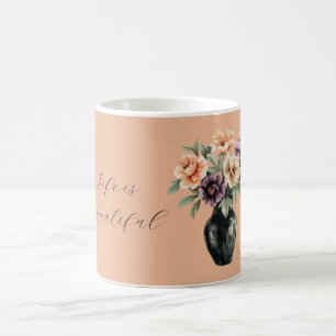 Peach Purple Flowers Black Vase Coffee Mug
