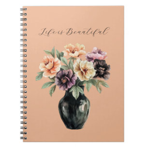 Peach Purple Flowers Black Vase Notebook