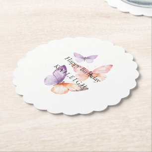 Peach Purple Lavender Butterflies Birthday Paper Coaster
