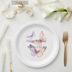 Peach Purple Lavender Butterflies Birthday Paper Plate