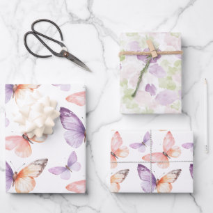 Peach Purple Lavender Butterflies Birthday Wrapping Paper Sheet