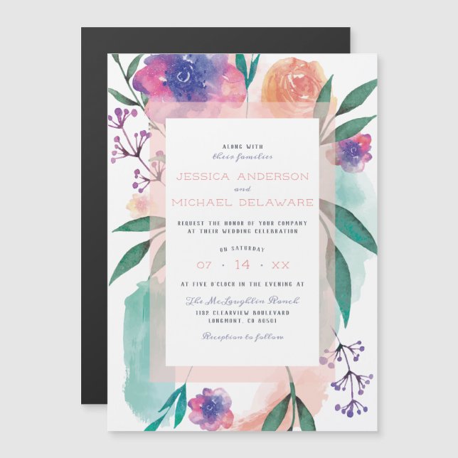 Peach & Purple Watercolor Blooms Floral Wedding Magnetic Invitation (Front/Back)