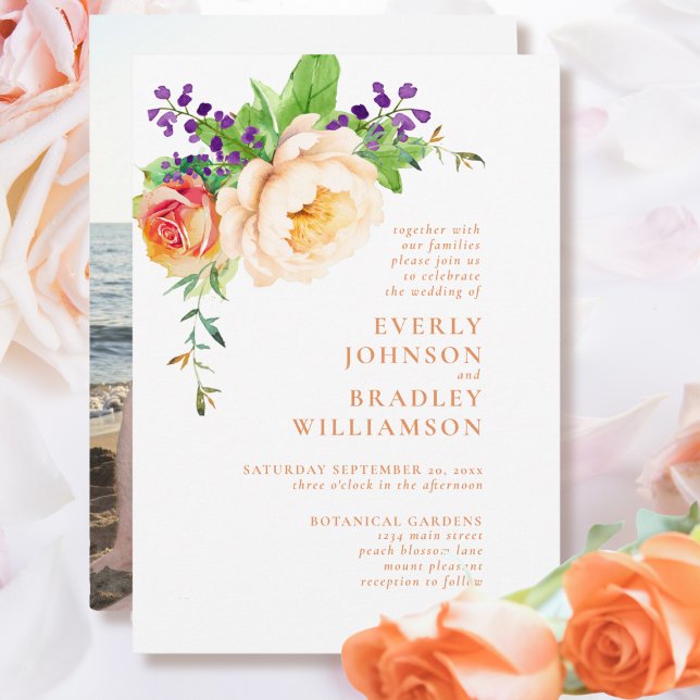  Peach Purple Watercolor Floral Romantic Wedding Invitation (Creator Uploaded)