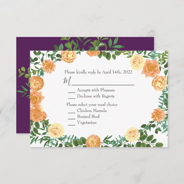 Peach Purple Wedding Floral Roses Invitation (Front/Back)