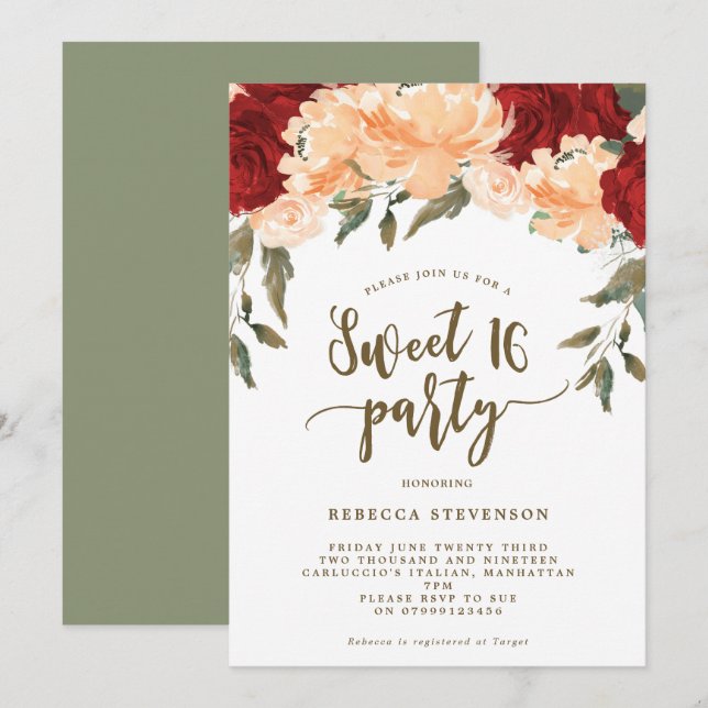 peach red floral sweet 16 party invitation (Front/Back)