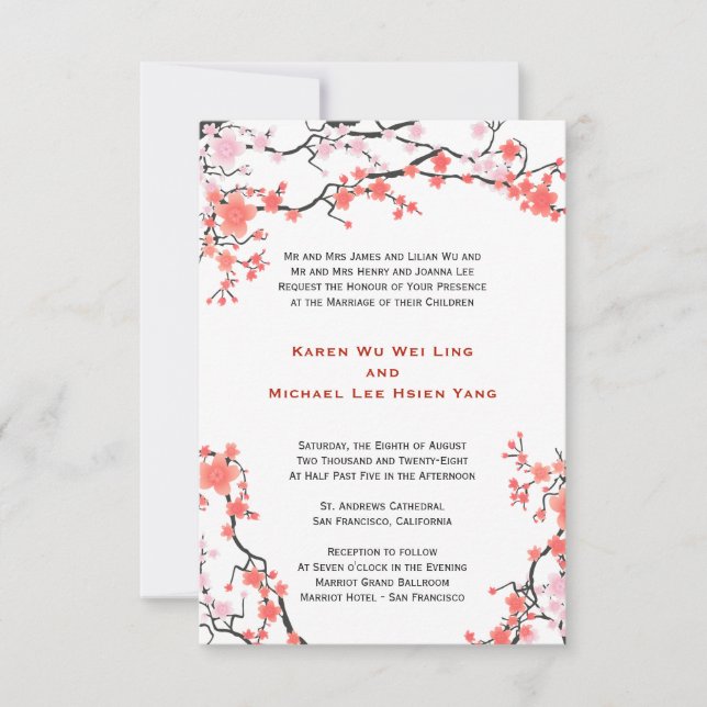 Peach Red & Pink Cherry Blossoms Oriental Wedding Invitation (Front)