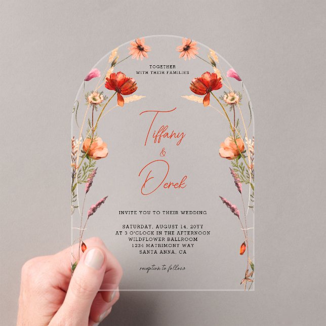 Peach Red Wildflowers Wedding Acrylic Invitations (Insitu (Handheld))