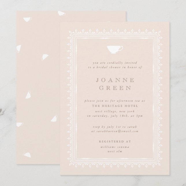 Peach Regency Afternoon Tea Bridal/Wedding Shower Invitation (Front/Back)