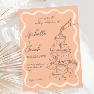 Peach Retro Champagne Tower Hand Drawn Wedding Invitation
