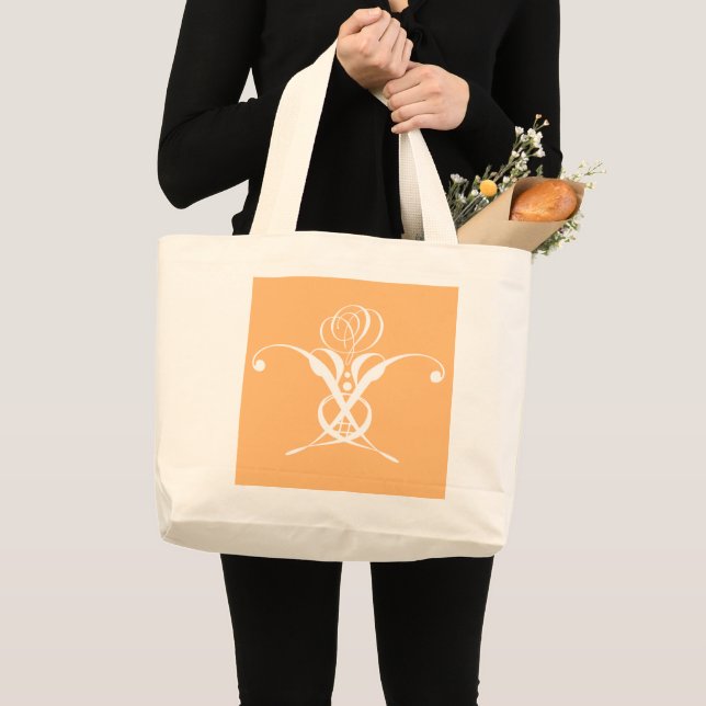 Peach Retro White Flourish Rose Large Tote Bag (Front (Product))