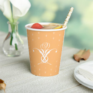 Peach Retro White Flourish Rose Paper Cups