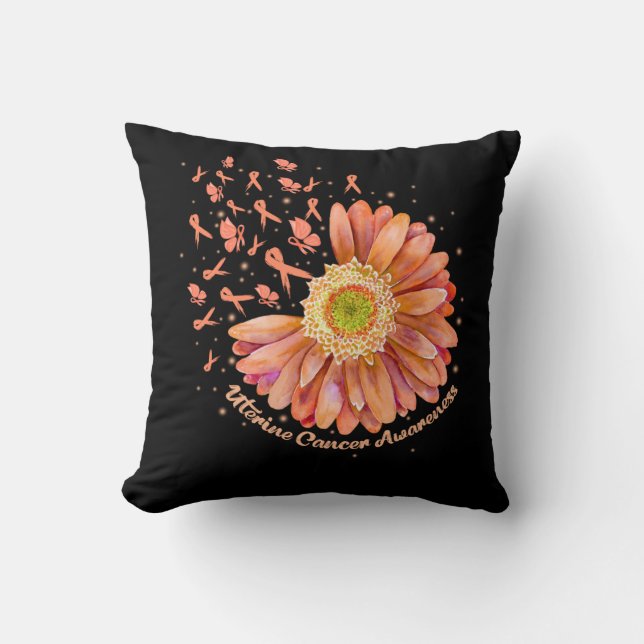 Peach Ribbon Hummingbird Sunflower Uterine Cancer  Cushion (Front)