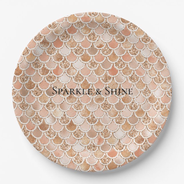 Peach Rose Blush Gold Glitter Mermaid         Paper Plate (Front)