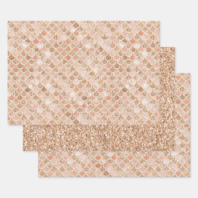 Peach Rose Blush Gold Glitter Mermaid      Wrapping Paper Sheet (Set)