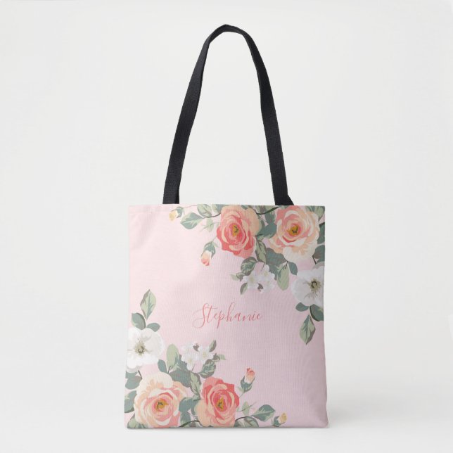 Peach Rose Blush Pink Floral Personalised Tote Bag (Front)