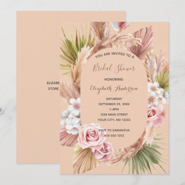Peach Rose Boho Floral Trendy Bridal Shower Invitation (Front/Back)