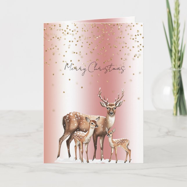 Peach Rose Deer Gold Glitter Christmas Card (Front)