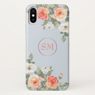Peach Rose Dusty Blue Floral Monogram iPhone X Case