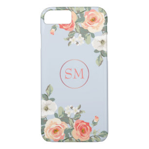 Peach Rose Dusty Blue Floral Monogram iPhone 8/7 Case